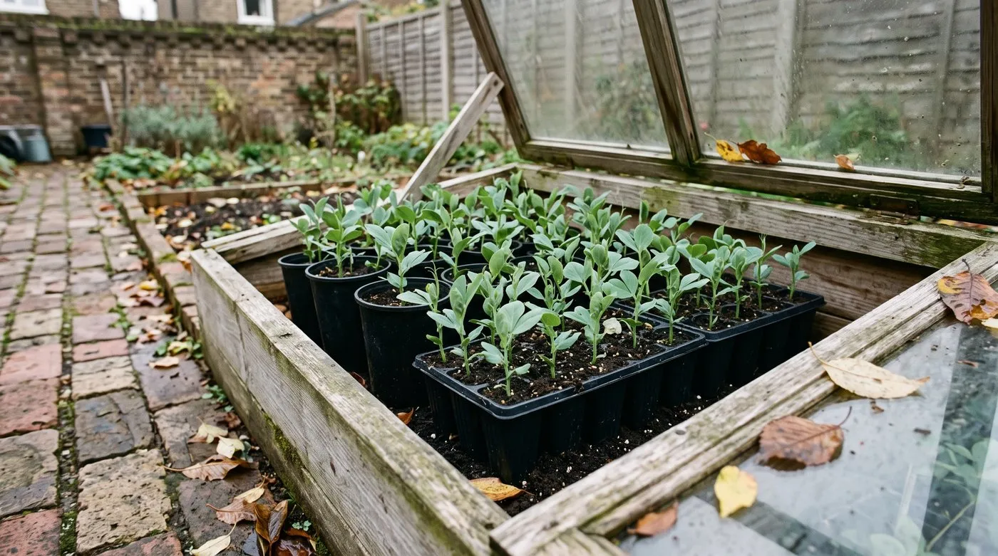 Young sweet pea seedlings in deep pots and root trainers inside an open cold frame in autumn