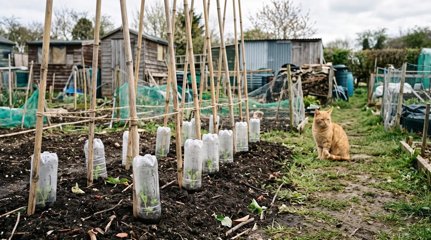 Sweet pea seedlings under cut plastic bottles at the foot of bamboo canes on an allotment