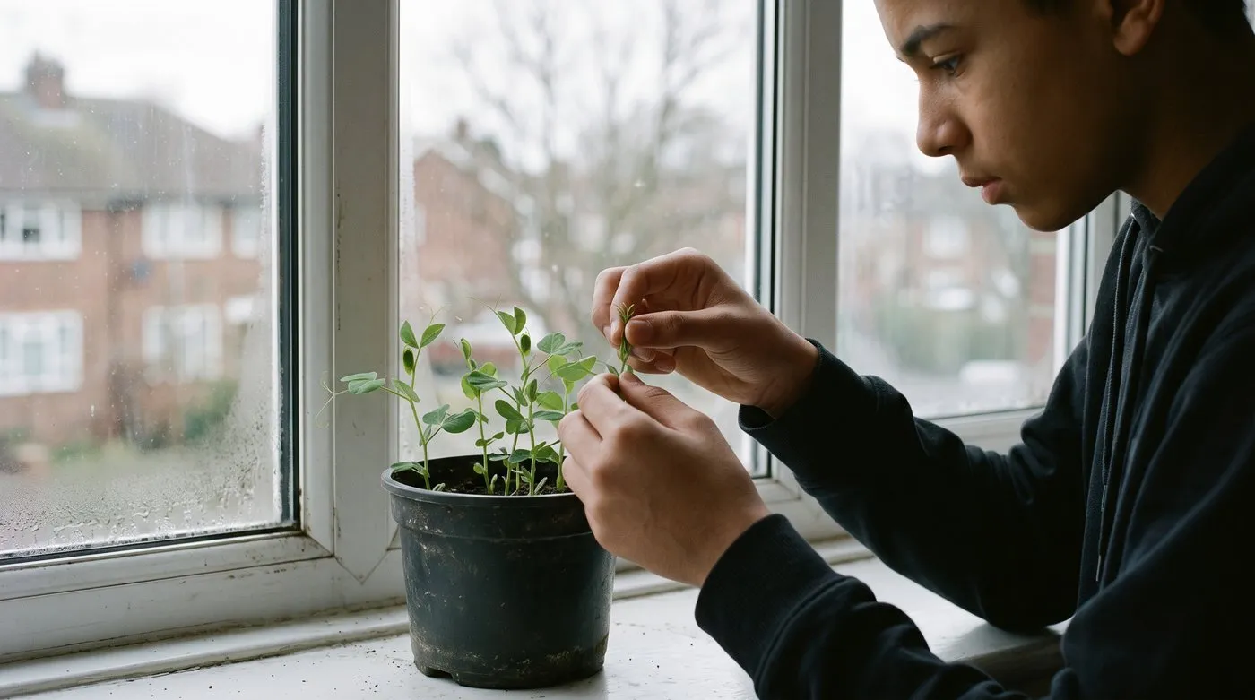 Teenager pinching out the tip of a young sweet pea seedling in a pot on a windowsill