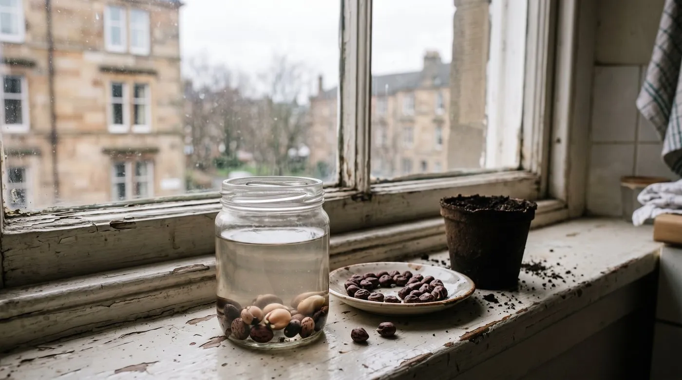 Sweet pea seeds soaking overnight in a glass jar of water beside dry seeds on a saucer