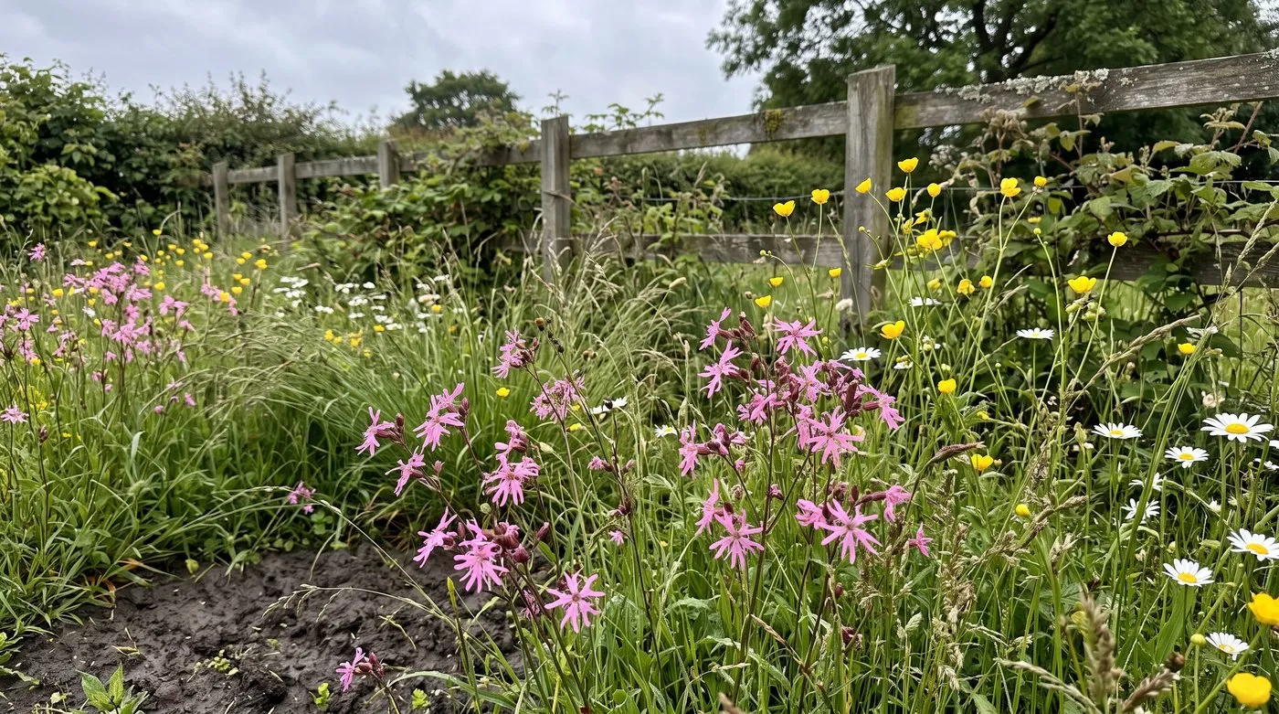 Ragged robin, meadow buttercup and ox-eye daisies flowering in a damp clay meadow patch
