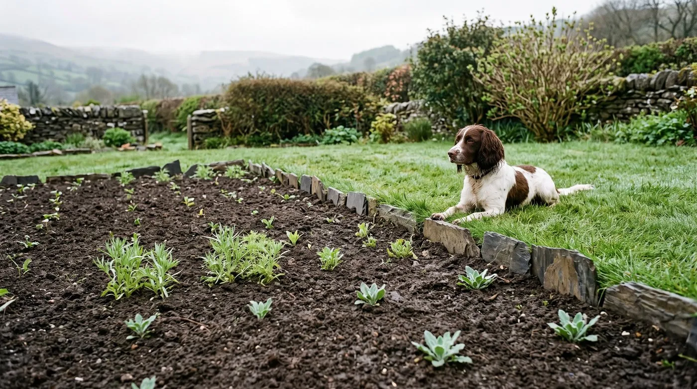 Young poppy and cornflower seedlings coming up on a bare patch, with a spaniel lying on the lawn beside it