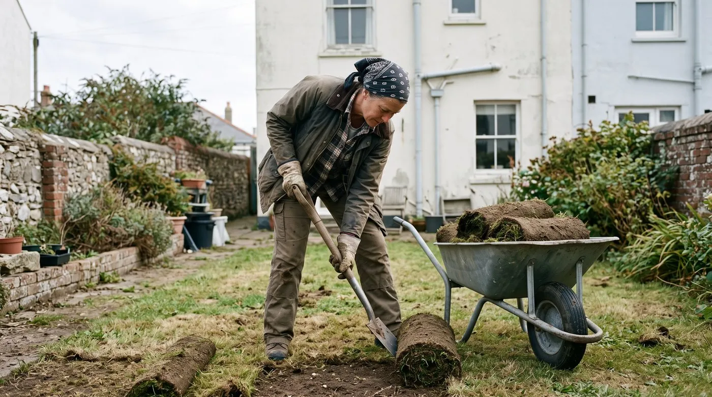 Gardener lifting strips of lawn turf with a spade to clear bare ground for wildflower seed