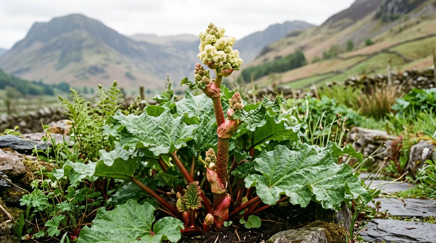 Thick knobbly rhubarb flower spike bolting from the centre of a crown in a Lake District hillside garden