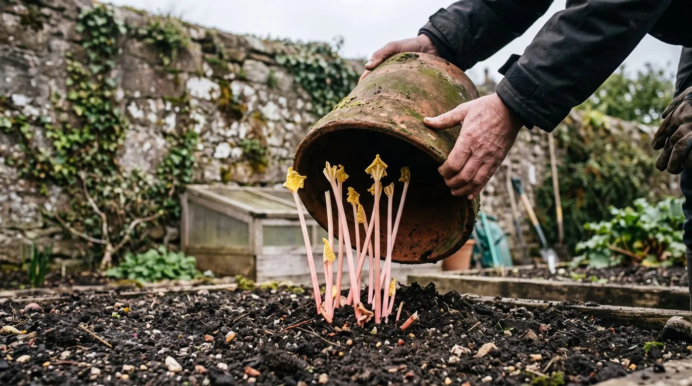 Pale pink forced rhubarb stems revealed under a lifted terracotta forcer in a Scottish walled kitchen garden