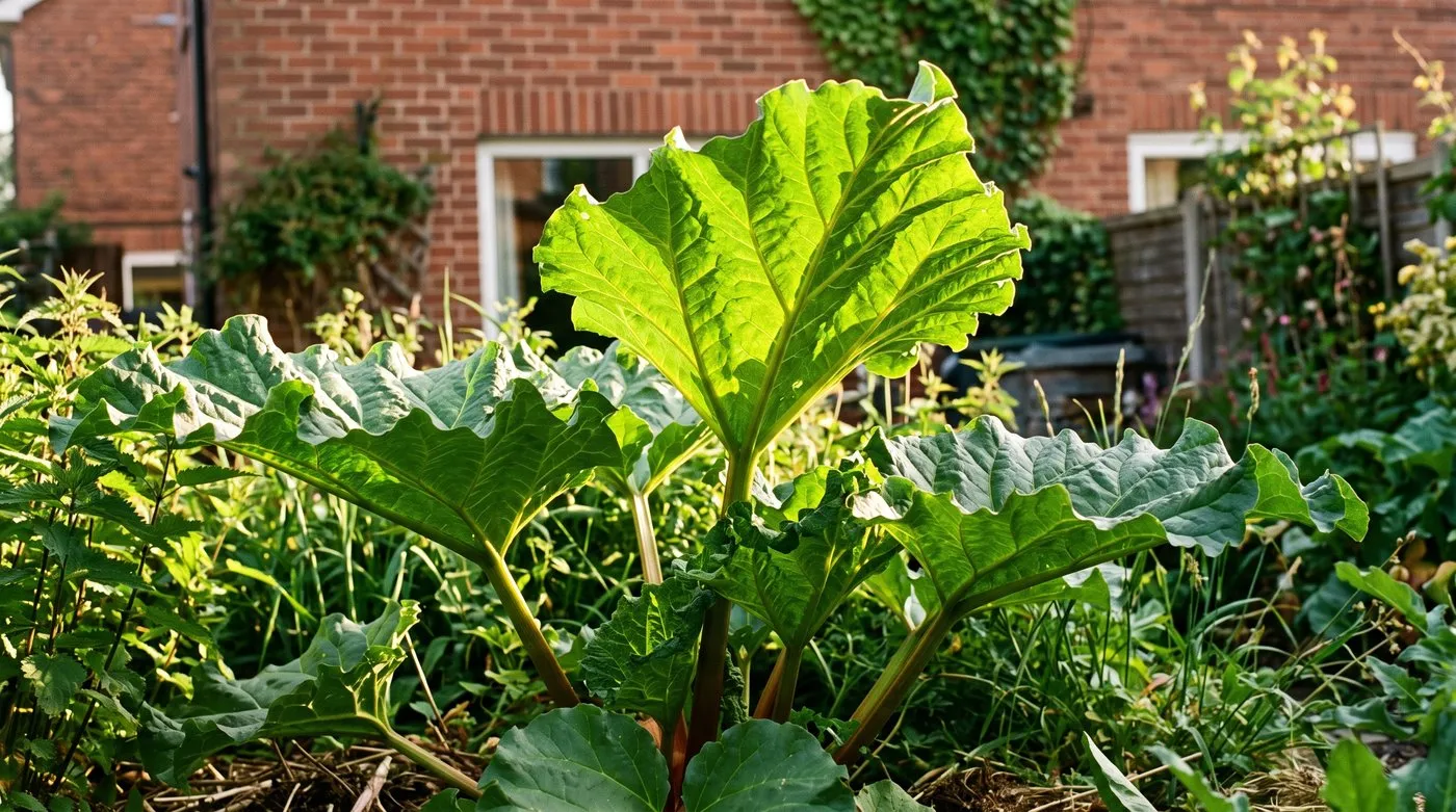 Large rhubarb leaves fully expanded and catching sunlight in a Yorkshire suburban vegetable garden