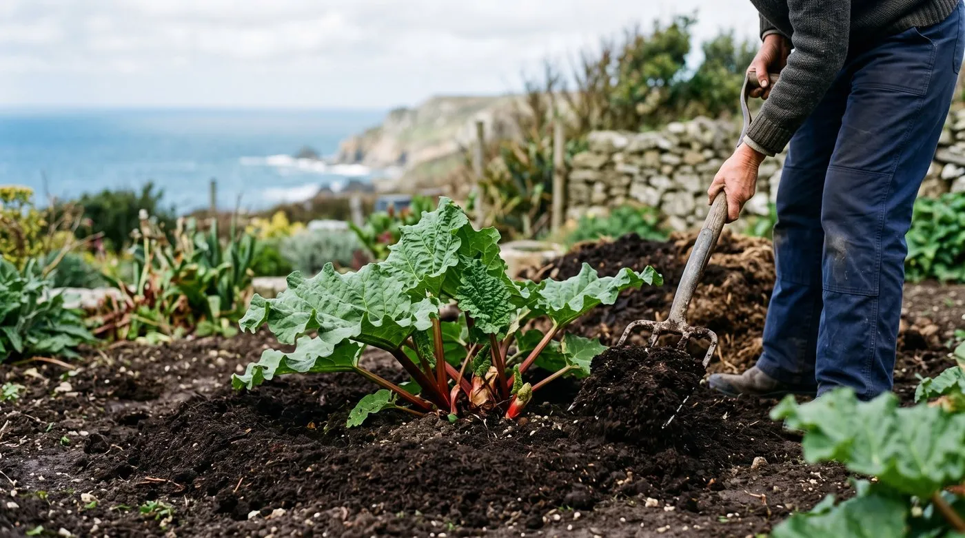 Well-rotted manure being spread as a mulch around the base of a rhubarb crown in a Cornish coastal garden