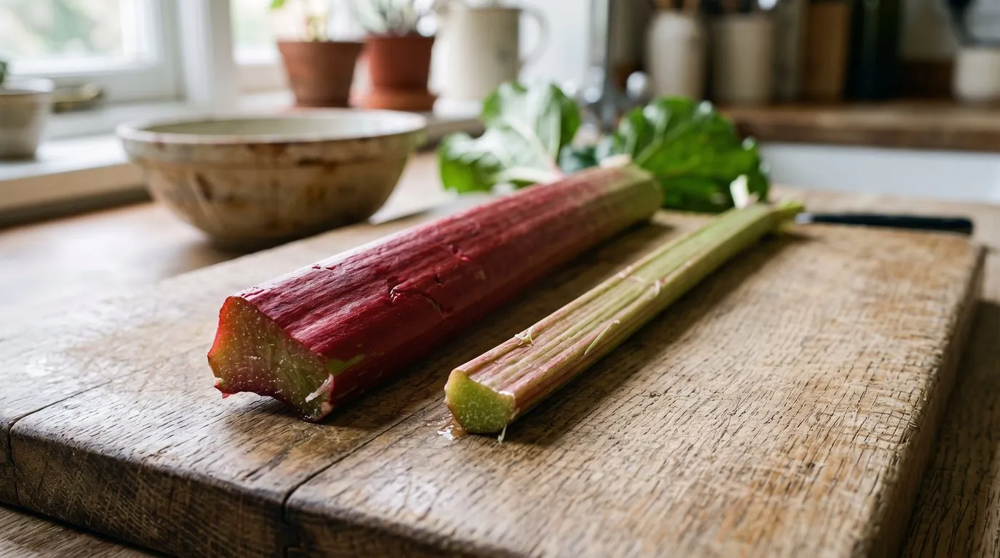 Side by side comparison of a thick red early rhubarb stalk and a thin green late-season stalk on a wooden board