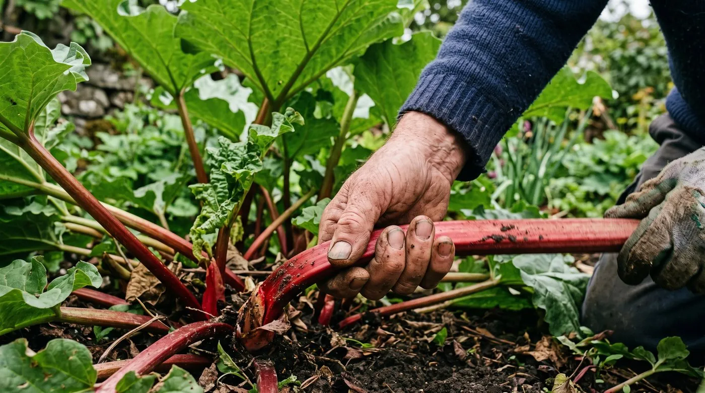 Gardener's hand twisting a red rhubarb stalk cleanly from the base of the crown in a Welsh cottage garden