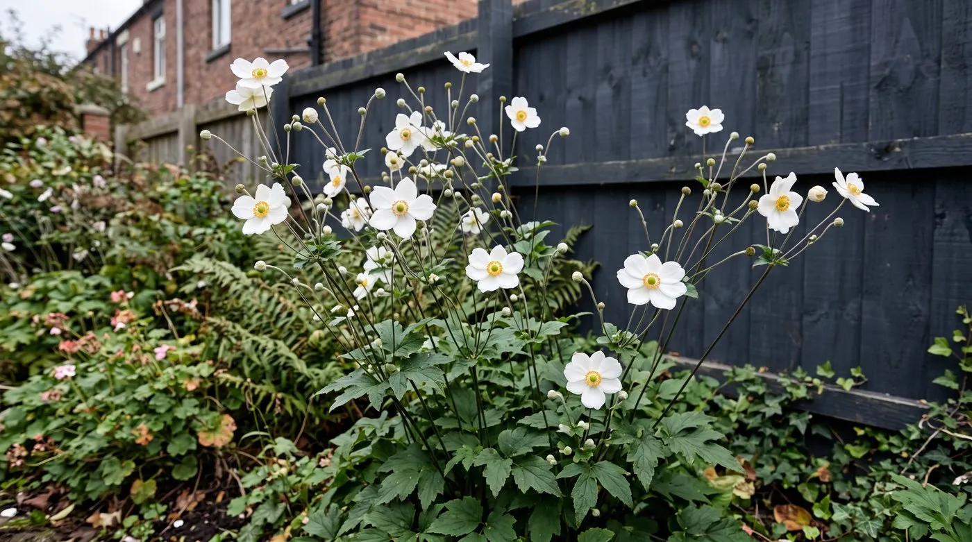 White Japanese anemone Honorine Jobert flowers on tall stems in a part-shaded autumn border