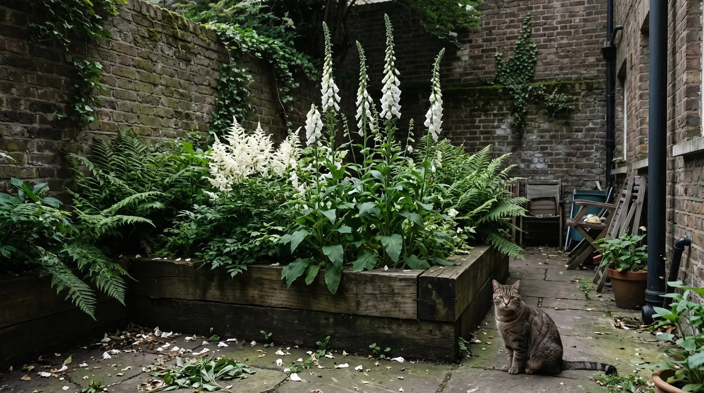 White foxgloves and astilbe brightening a shady courtyard bed with a tabby cat sitting on the paving
