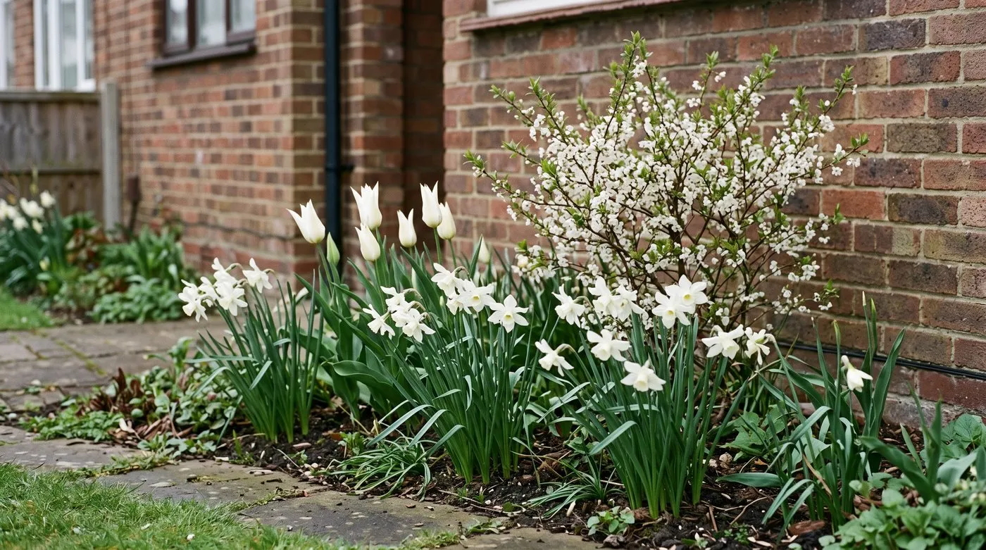 White Narcissus Thalia and lily-flowered white tulips in a spring border with white blossom behind