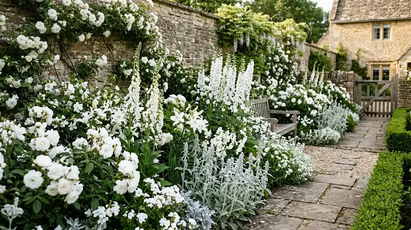 Best white flowers for UK gardens showing a lush mixed border with white roses, Philadelphus