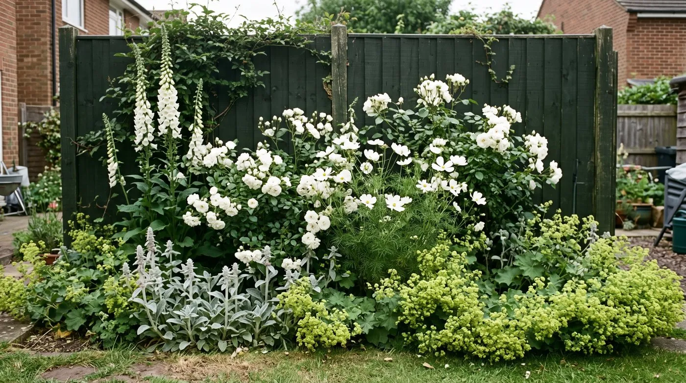 White garden border of foxgloves, roses and cosmos glowing against a dark green painted fence