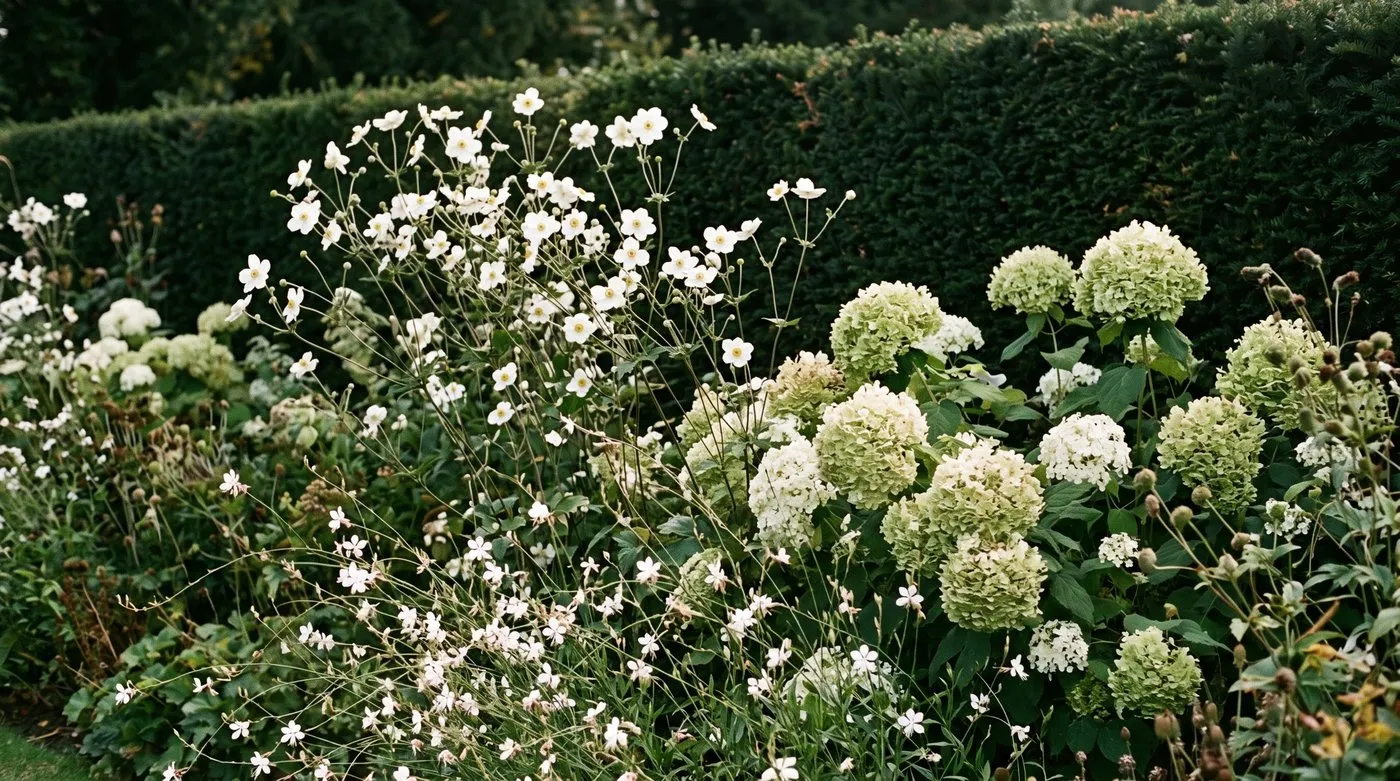 White Japanese anemones, Annabelle hydrangea and gaura in a white border against a yew hedge