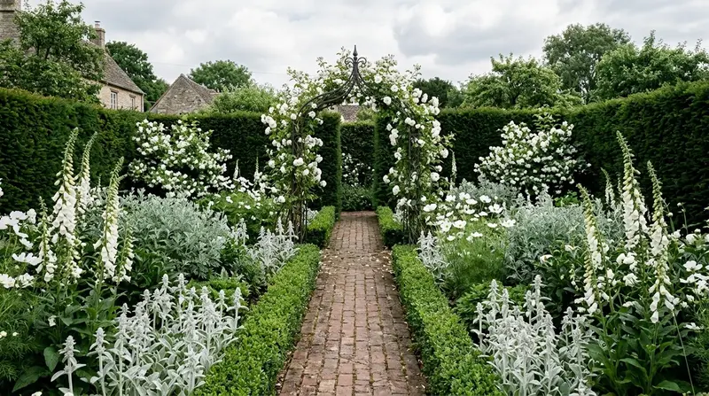 White garden planting scheme in a UK cottage garden showing white roses, foxgloves