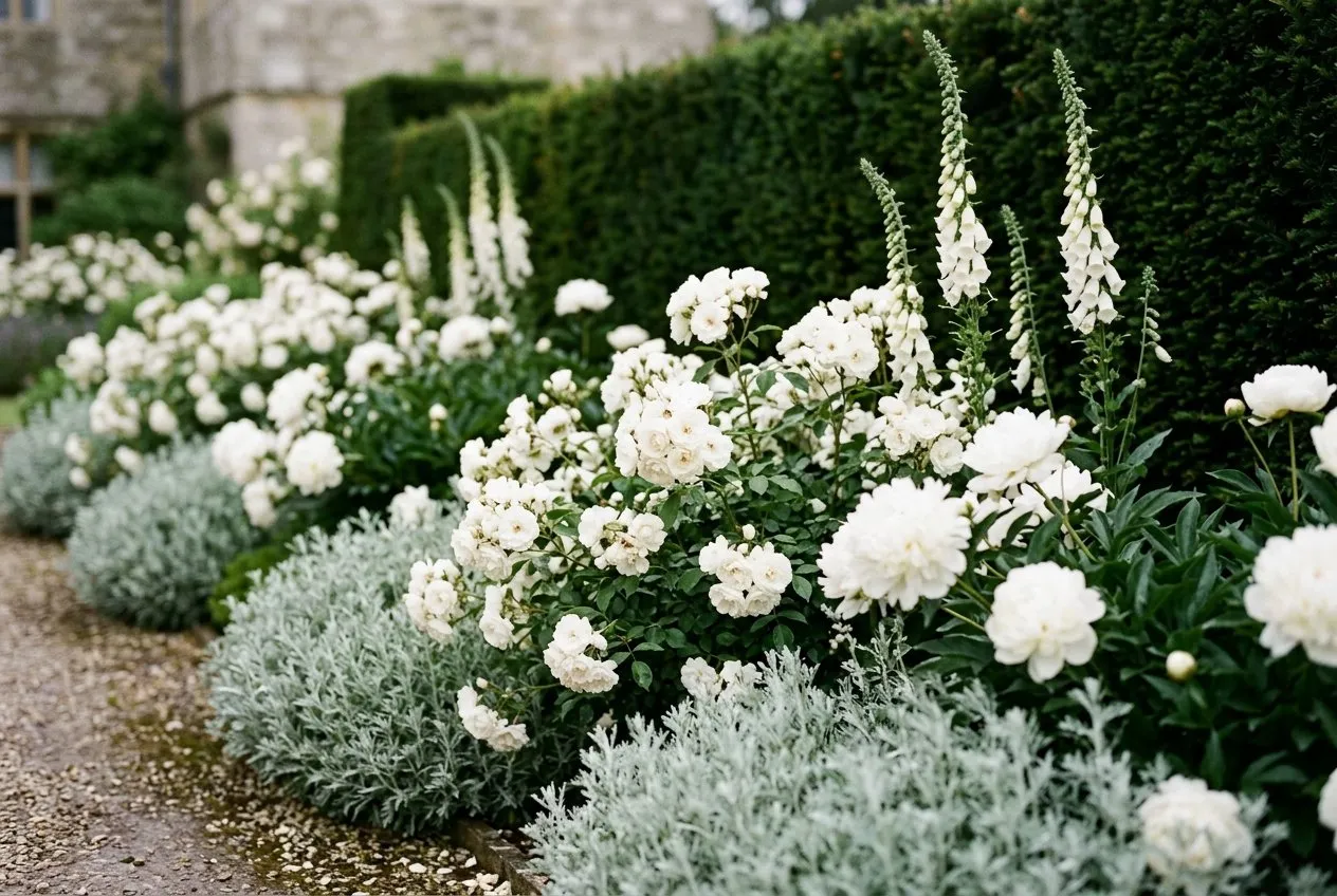 White garden summer roses and peonies with silver foliage in a UK border