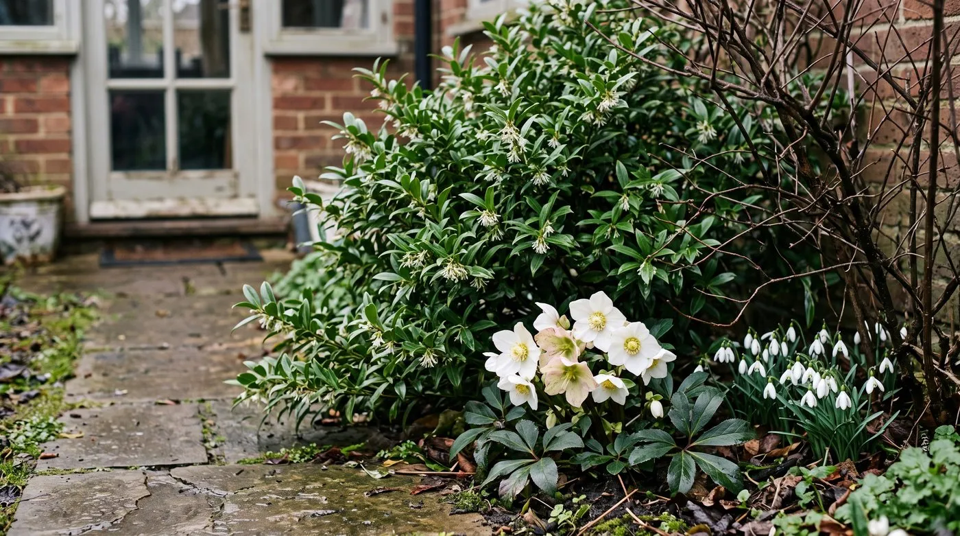 Sweet box, white hellebores and snowdrops flowering by a garden path in February