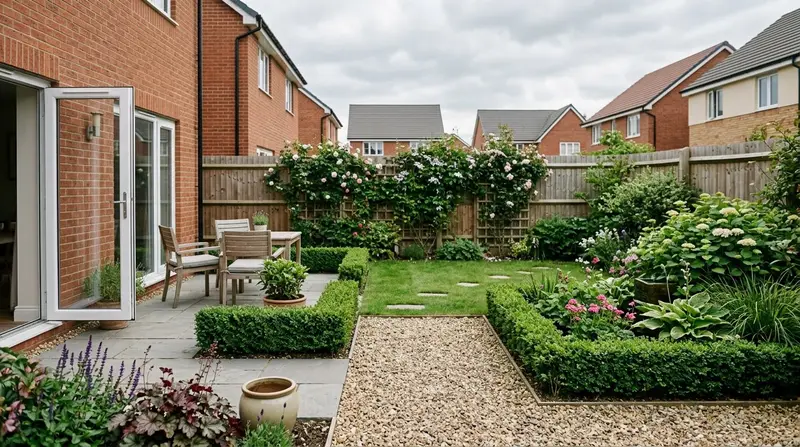 A wide shallow rear garden behind a UK new-build house, broad from side to side with a short distance front to back