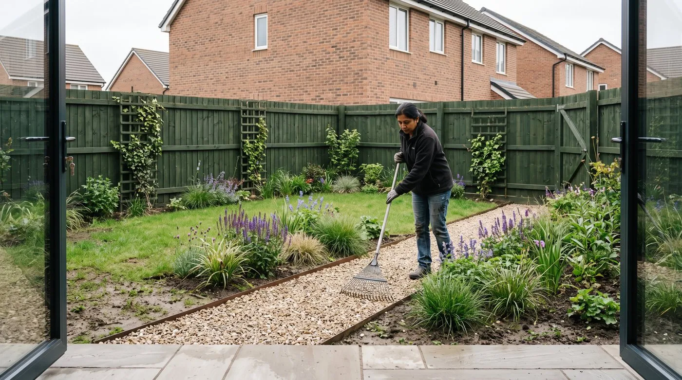 Gravel path running diagonally across a wide shallow garden from the patio to the far corner, with angled beds