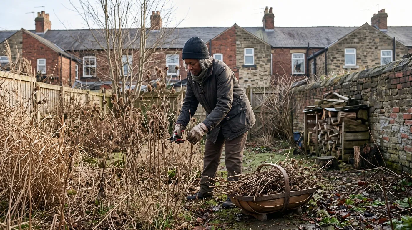 Woman cutting down dried teasel and verbena stems in late February with a log pile behind