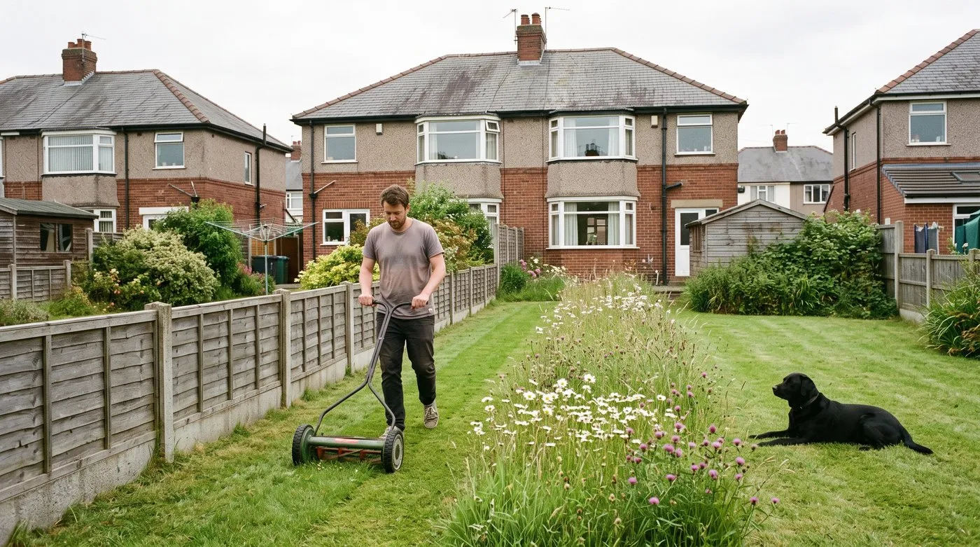 Man mowing a neat grass strip along a boundary fence beside long grass and daisies, with a black Labrador watching