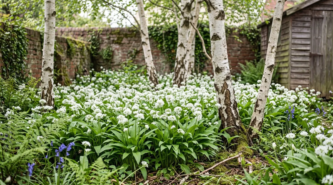 Wild garlic in flower carpeting a shady corner under birch trees in a town garden