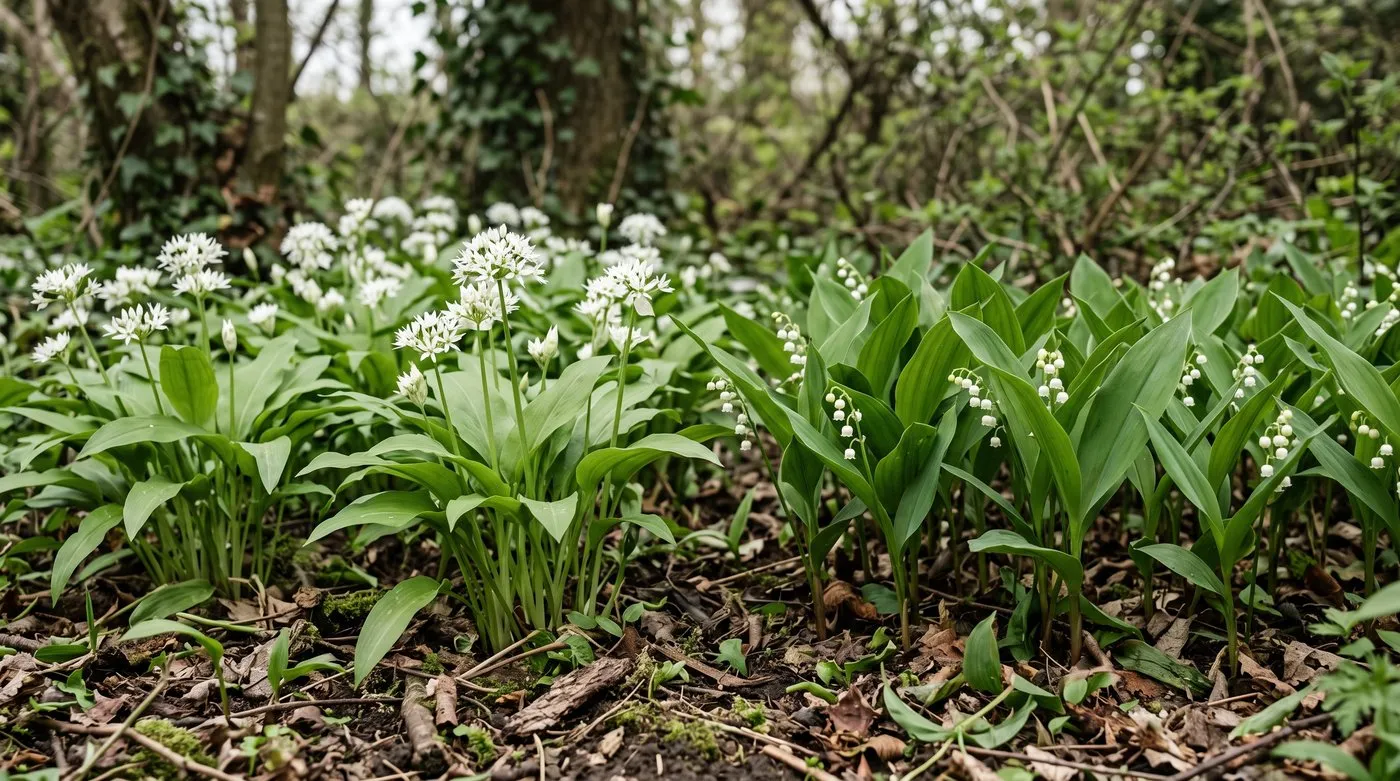 Wild garlic with white star flowers next to lily of the valley with white bell flowers