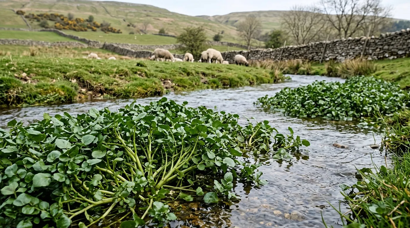 Wild watercress growing in a shallow stream with sheep grazing on the bank beside it