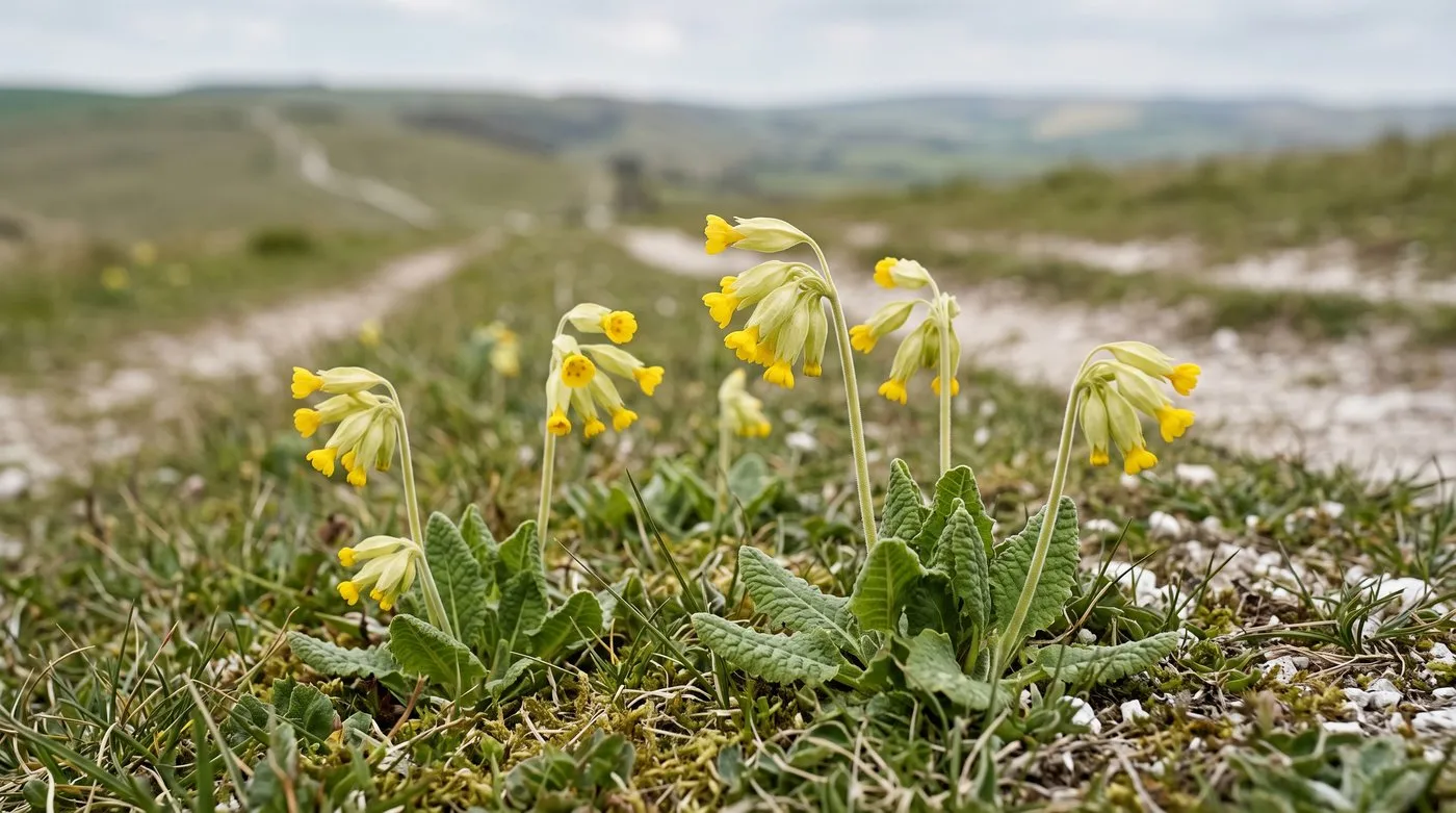 Cowslips with nodding clusters of deep yellow flowers in chalk grassland in April