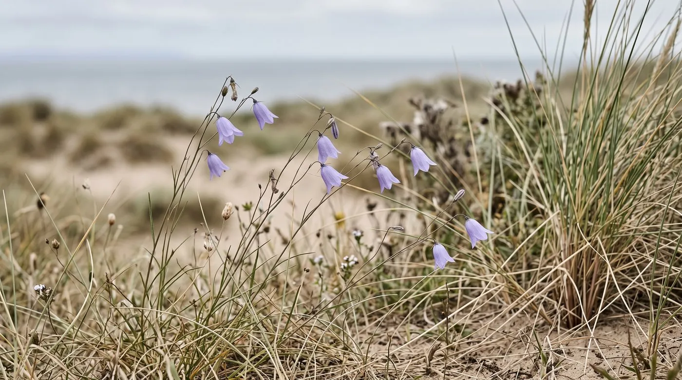 Nodding blue harebells on thin wiry stems in dry dune grassland in late summer