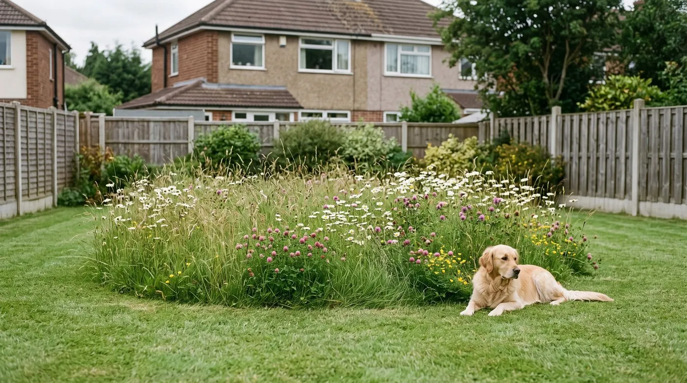 Oval wildflower lawn island of daisies and clover in a mown lawn with a golden retriever resting nearby