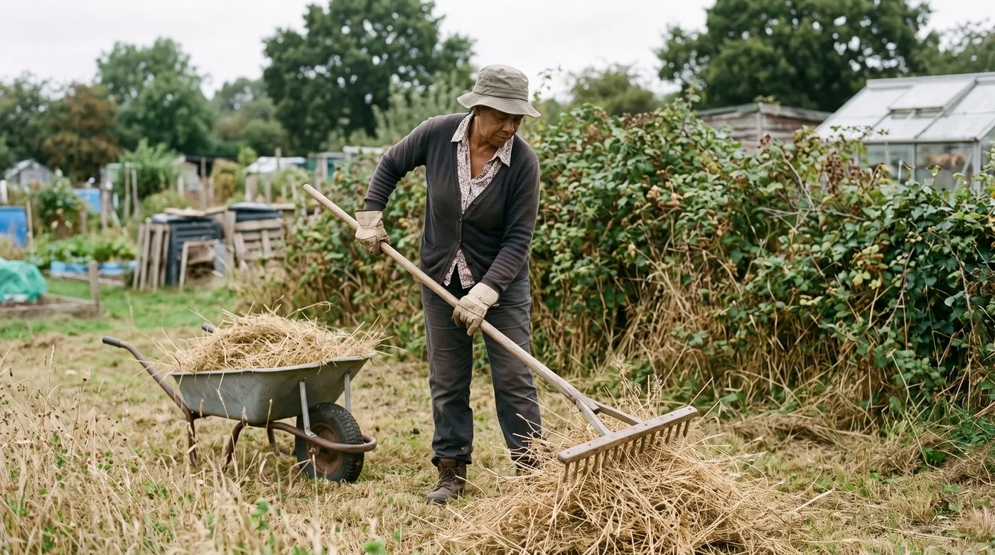 Gardener raking up dried cuttings after the yearly cut of a wildflower lawn