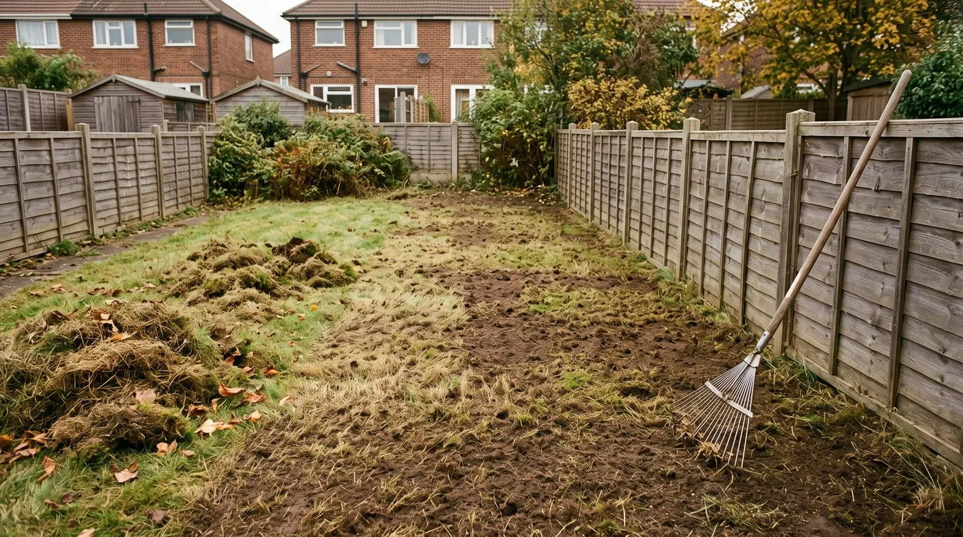 Lawn raked hard to expose bare soil, ready for sowing yellow rattle to start a wildflower lawn