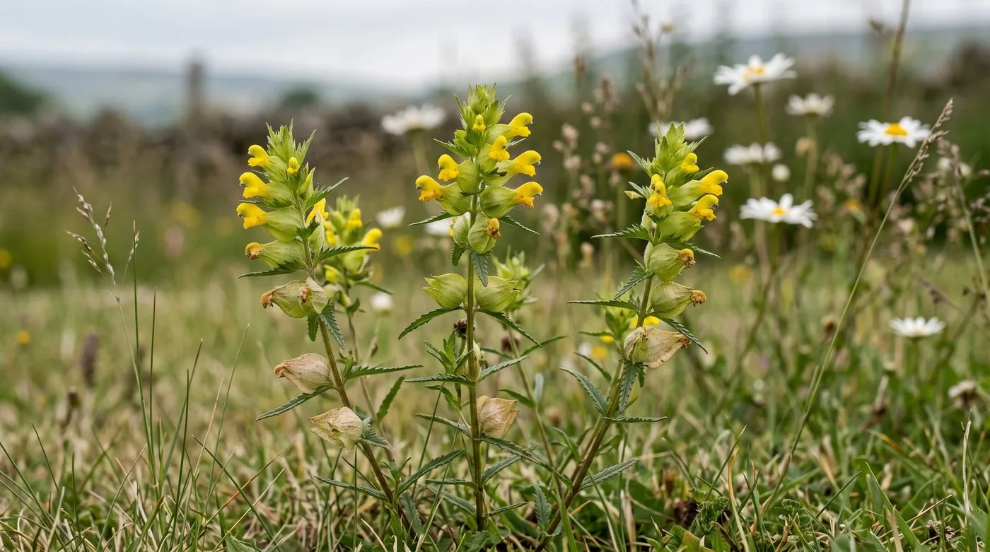 Yellow rattle in flower among thin grass in a wildflower lawn, with hooded yellow flowers and puffy calyces