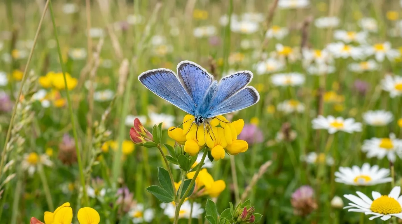 Common blue butterfly feeding on bird's-foot trefoil flowers in a four-year-old UK wildflower meadow with native grasses and ox-eye daisies in soft focus