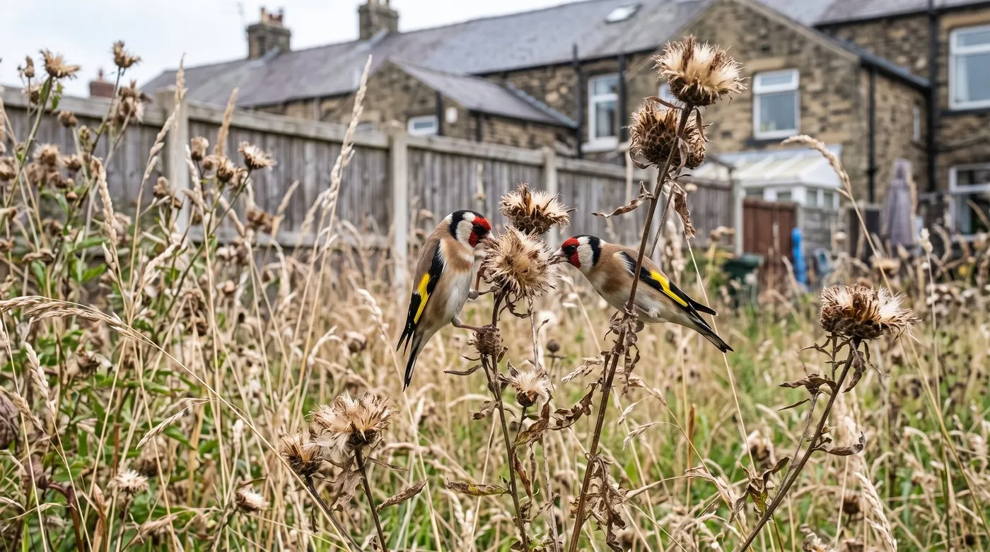 Two goldfinches feeding on knapweed seedheads in a garden wildflower meadow in late summer