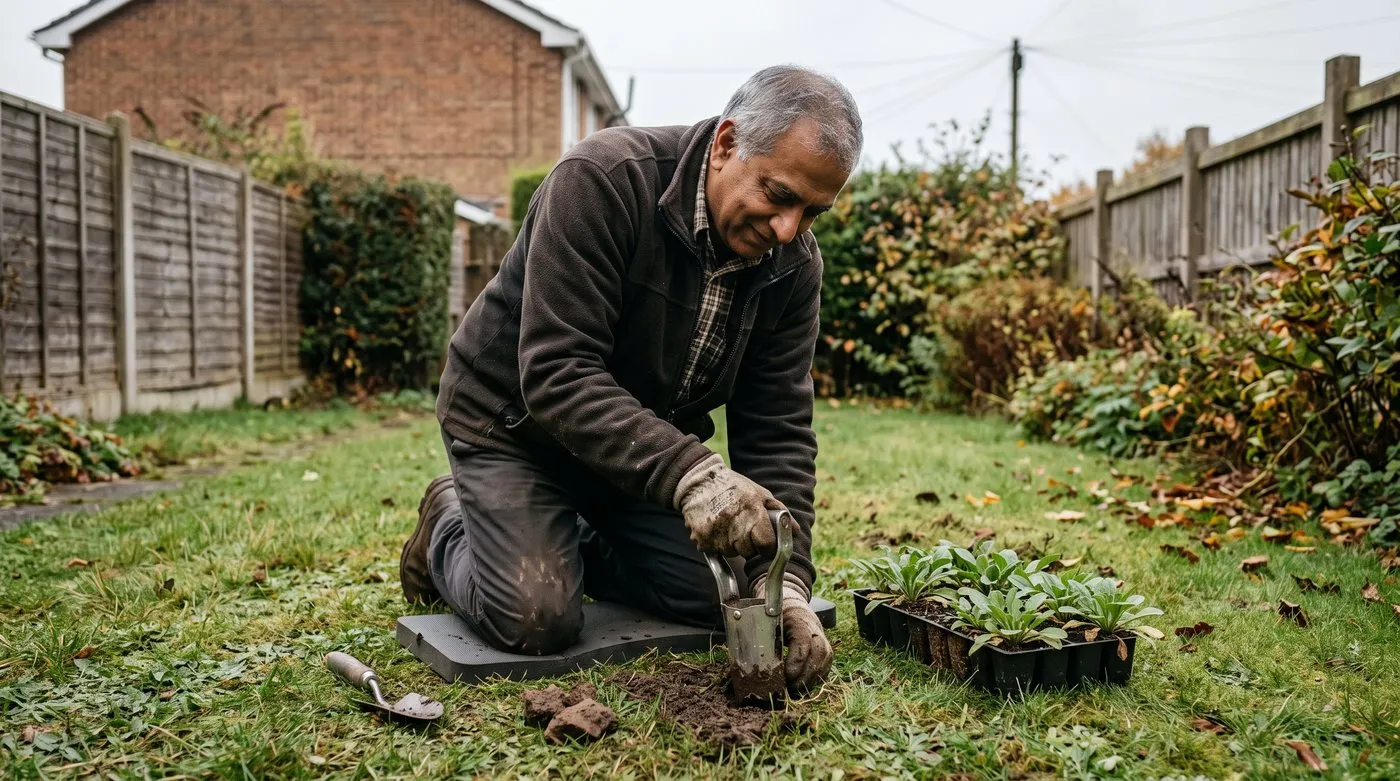 Man in gloves planting wildflower plug plants into short grass on clay soil in autumn
