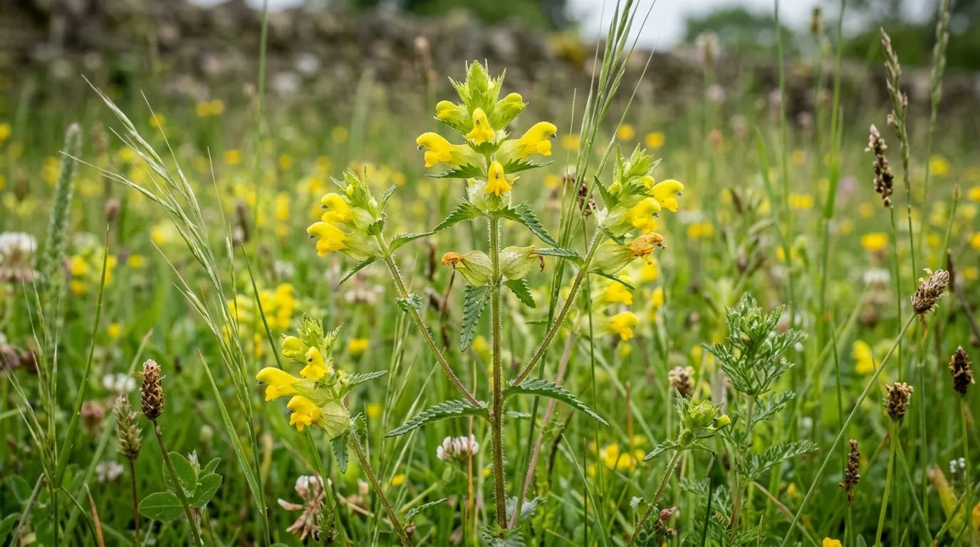 Yellow rattle Rhinanthus minor in full yellow flower amid native meadow grasses showing the parasitic relationship suppressing coarse grass growth in a UK wildflower meadow in late May