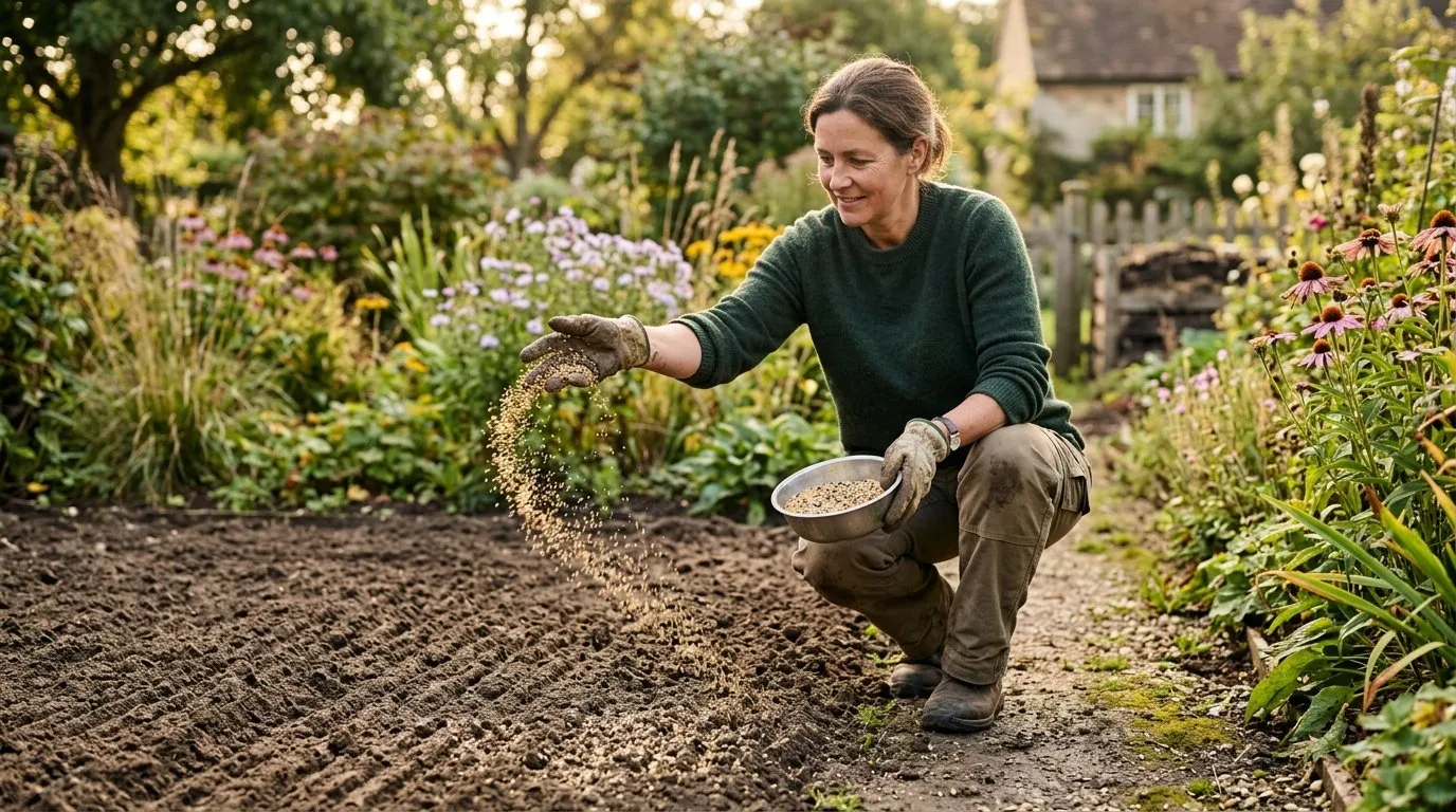 Gardener sowing yellow rattle seed mixed with sand by hand onto a prepared bare-soil seedbed in a UK garden in early September