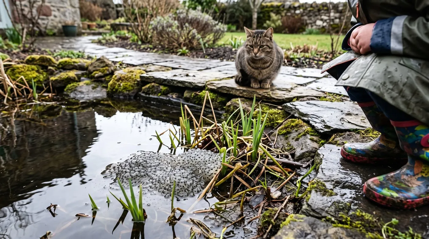 Clump of frogspawn at the shallow edge of a garden pond in spring, with a tabby cat sitting nearby