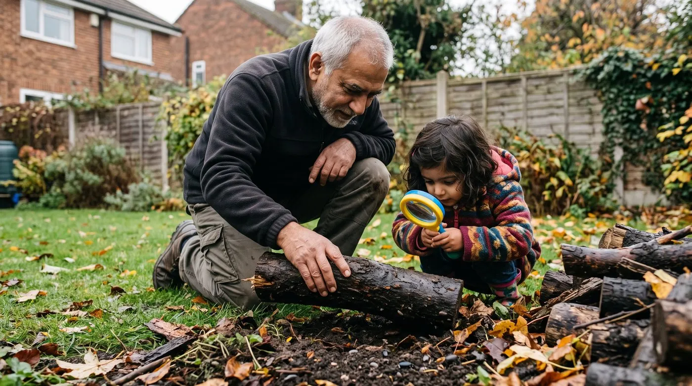 Grandfather lifting a log while a young girl peers underneath through a magnifying glass