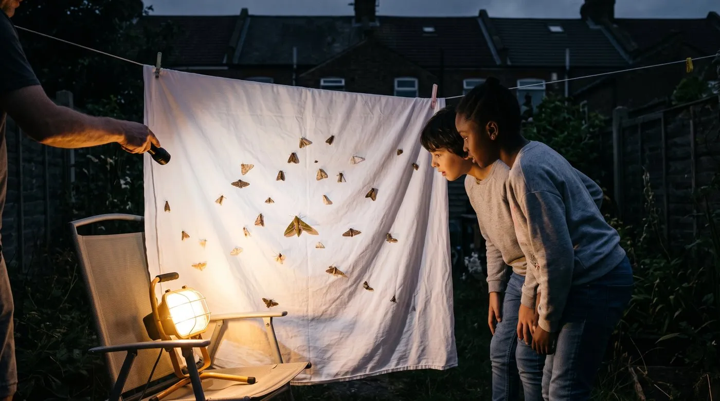 Two children looking at moths resting on a lit white sheet hung over a washing line on a summer night
