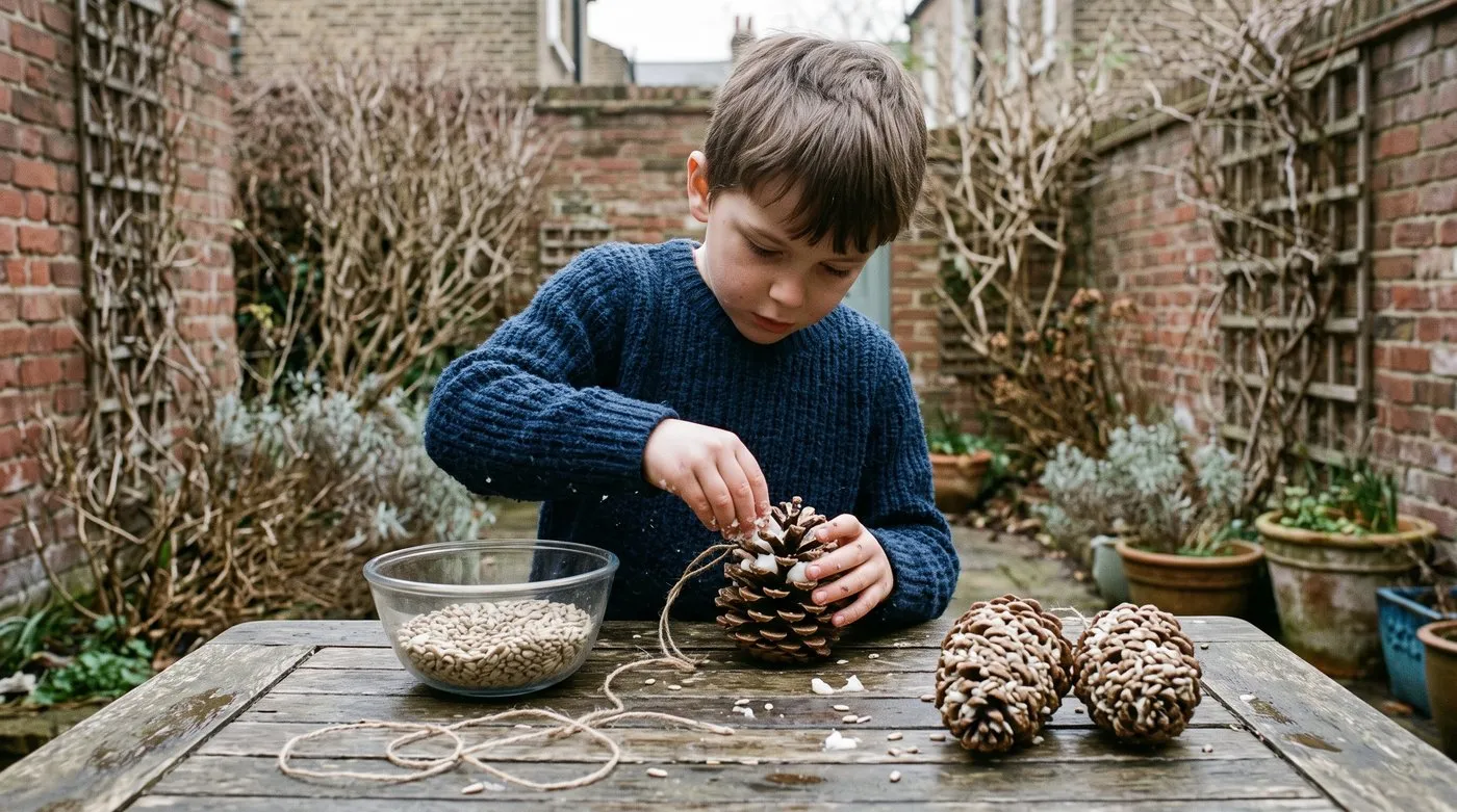 Boy pressing lard into the scales of a pine cone to make a winter bird feeder, with a bowl of sunflower hearts ready
