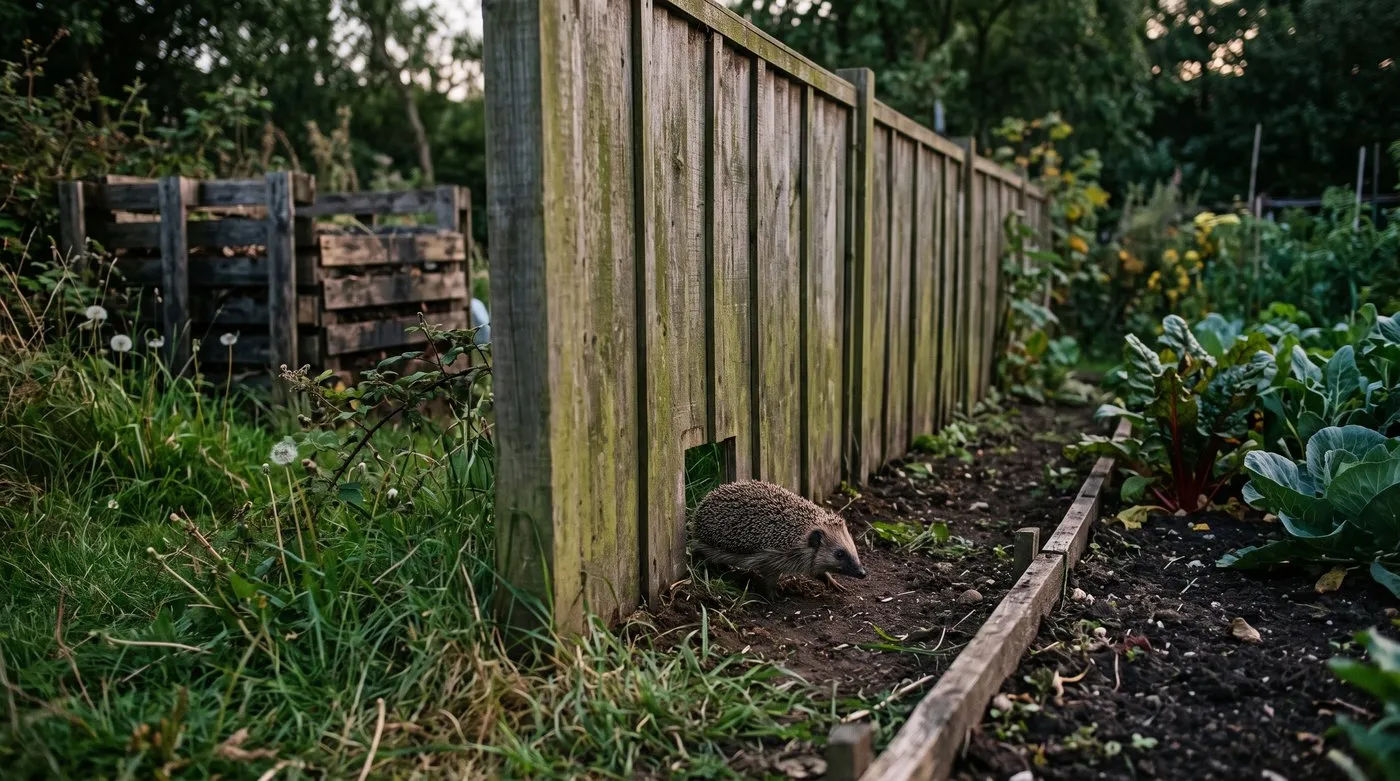 Hedgehog that has just come through a small gap at the base of an allotment fence at dusk