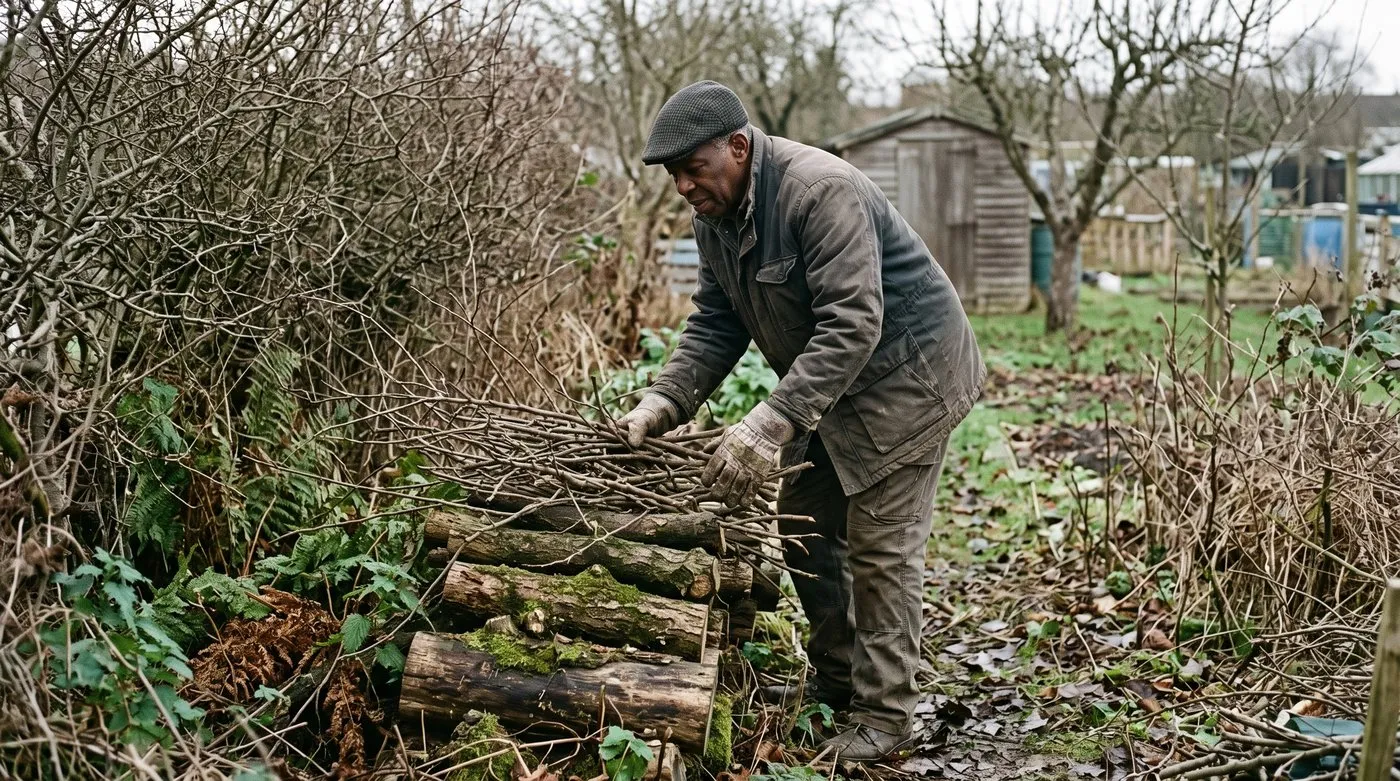 Older man in gloves stacking fruit tree prunings onto a log pile in a shady allotment corner