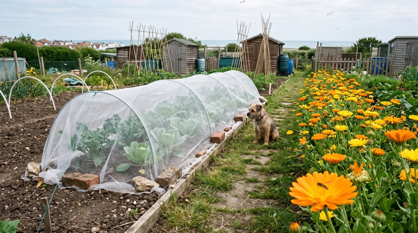 Brassicas under fine insect mesh on an allotment beside calendula flowers, with a terrier on the path
