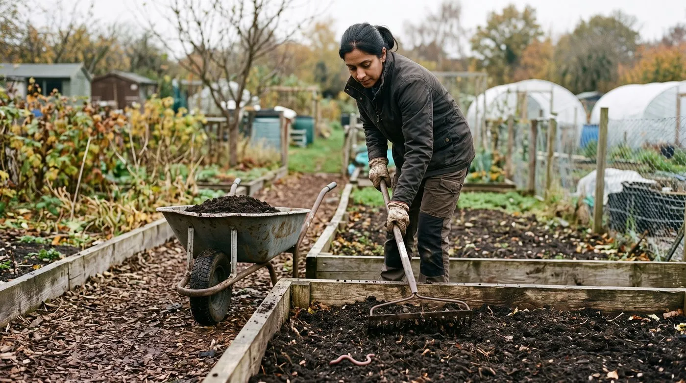 Woman spreading compost on top of a no-dig allotment bed beside a woodchip path in autumn