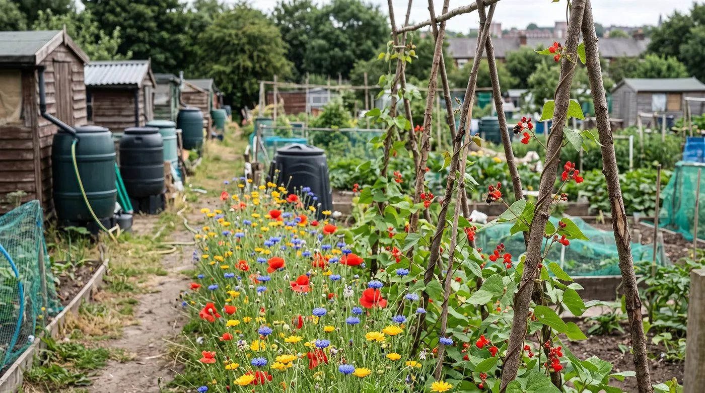 Strip of poppies, cornflowers and corn marigolds along an allotment bed of flowering runner beans