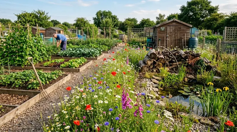 Wildlife-friendly UK allotment with wildflower pollinator strip between vegetable beds